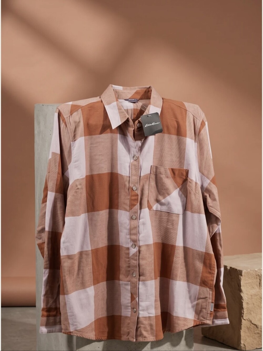 Women's Checked Button-Up Shirt in Dusty Brown and Rust - Classic Fit